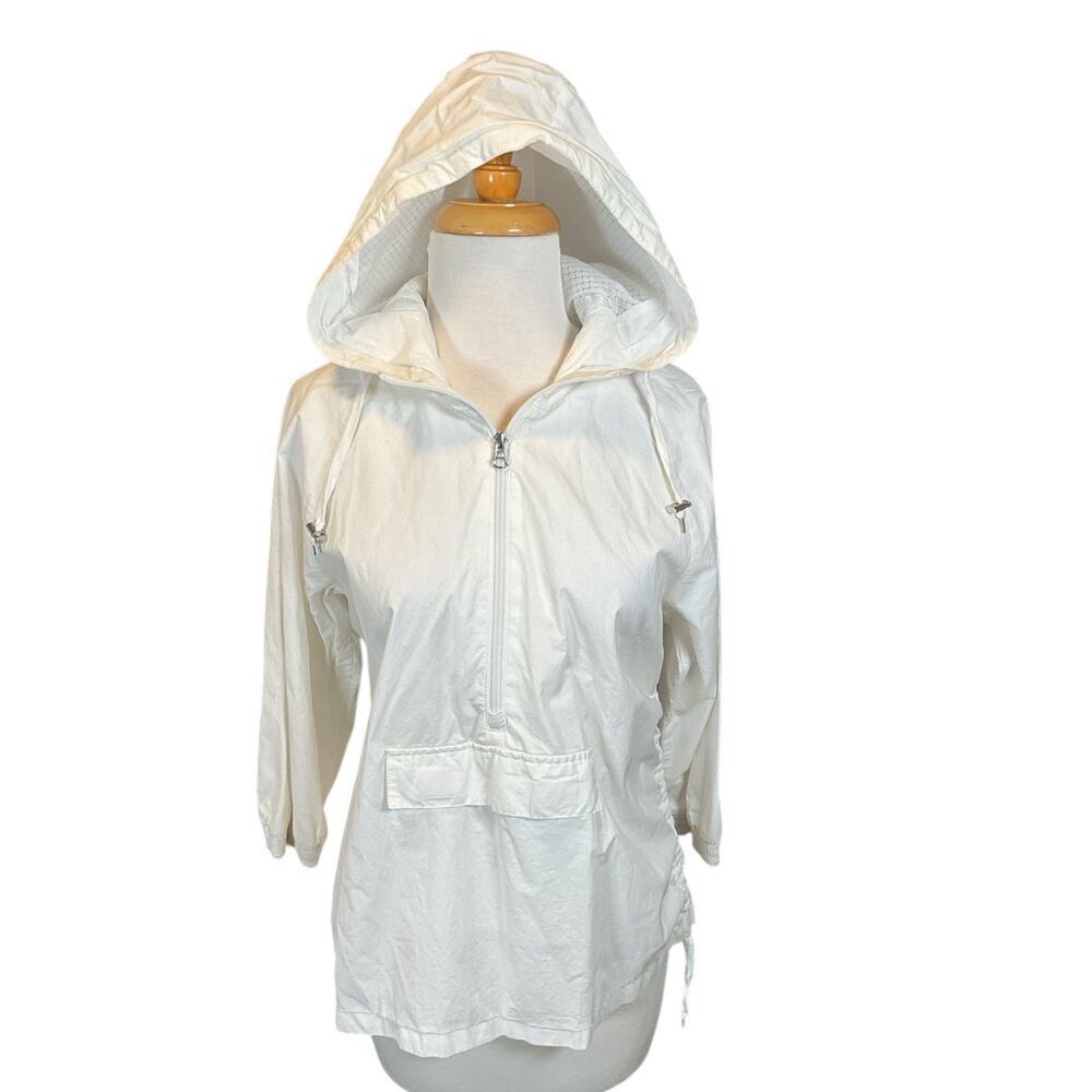 Eddie Bauer 3/4 Sleeve White 3/4 Zipper Hooded Drawstring Sides Light Weight SM